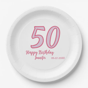 50th birthday pink purple bold name simple minimal paper plate