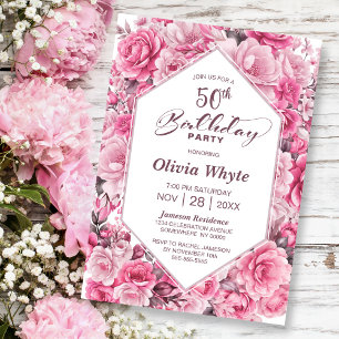 50th Birthday Pink Rose Floral Party Invitation