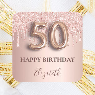 50th birthday pink rose gold drips square sticker