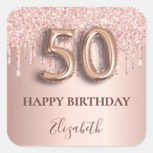 50th birthday pink rose gold glitter balloon style square sticker