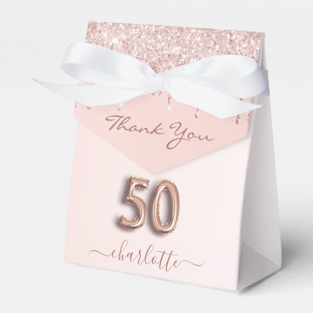 50th birthday pink rose gold glitter thank you favour box (Front Side)