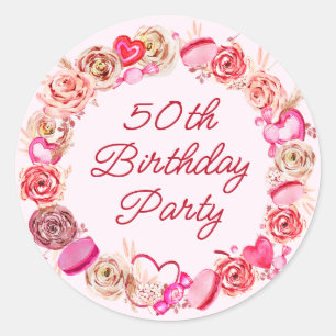 50th Birthday Pink Rose Swirly Heart Envelope Classic Round Sticker