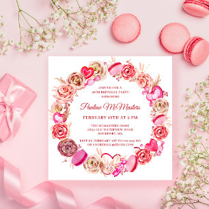 50th Birthday Pink Rose Swirly Heart Valentine Invitation