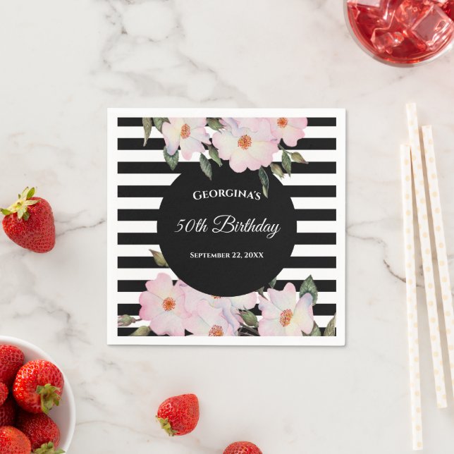 50th Birthday Pink Roses Ballerina Black Stripes Napkin (Insitu)