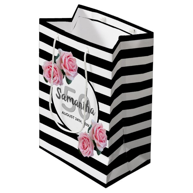 50th birthday pink roses black white stripes medium gift bag (Front Angled)