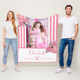 50th birthday pink stripes florals photo name fleece blanket