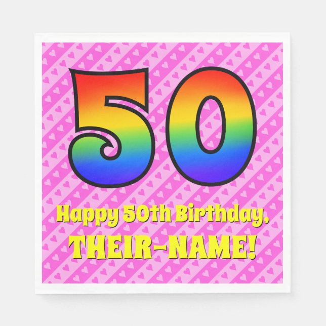 50th Birthday: Pink Stripes & Hearts, Rainbow # 50 Napkin (Front)