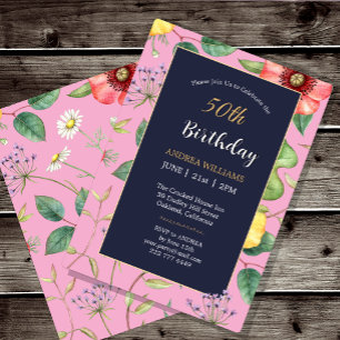 50th Birthday Pink Vintage Drawing Wildflowers Invitation