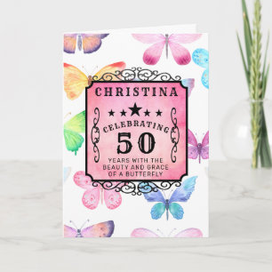 50th Birthday Pink Watercolor Butterfly Greeting Card