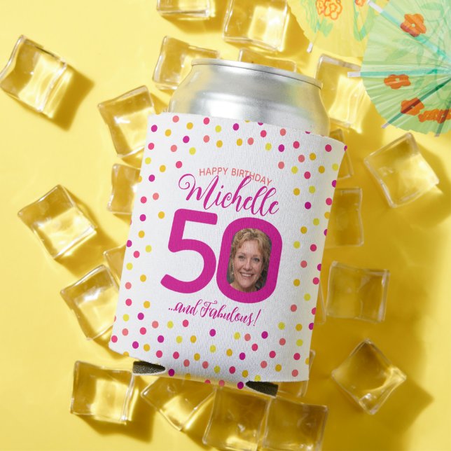 50th birthday pink yellow confetti two photos can cooler (In Situ Summer)