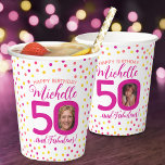 50th birthday pink yellow confetti two photos paper cups<br><div class="desc">Bright colourful confetti random dots birthday 50th two photos now and then paper party cups. Bright deep pink, coral, hot pink, red, yellow and golden yellow. Add your own birthday girl's photo in the centre of the 0 in 50 on both sides, ideal for a past and present photo opportunity...</div>