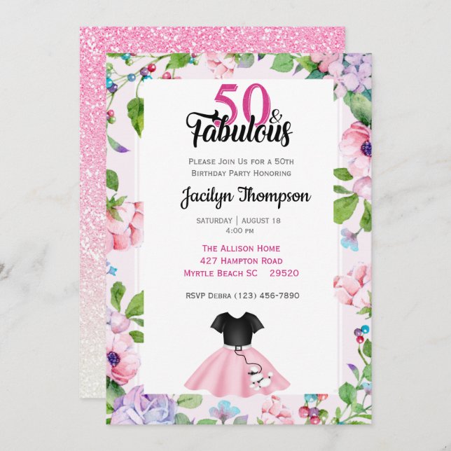 50th Birthday Poodle Skirt-Fabulous 50s Glitter Invitation (Front/Back)