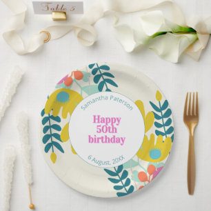 50th birthday pretty colourful floral modern paper plate