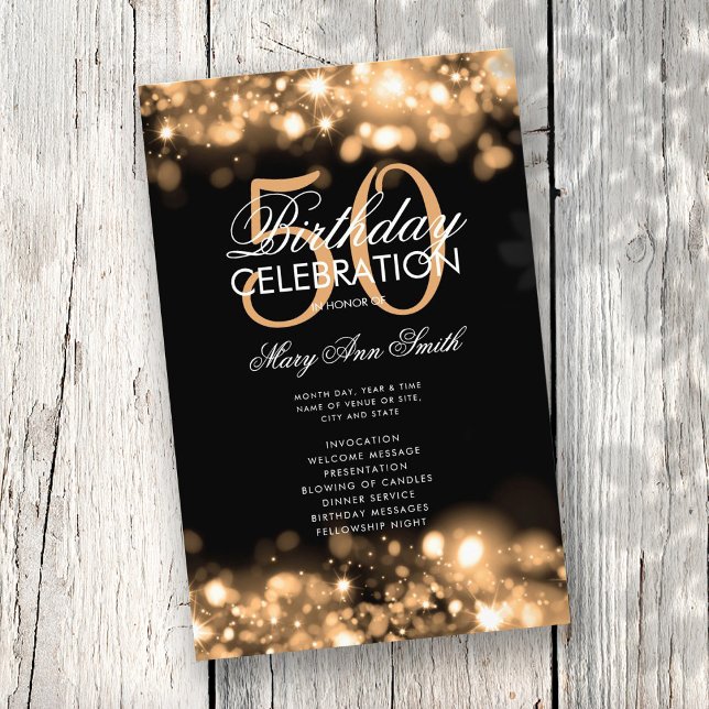 50th Birthday Program Glam Lights Gold Menu Flyer (Creator Uploaded)