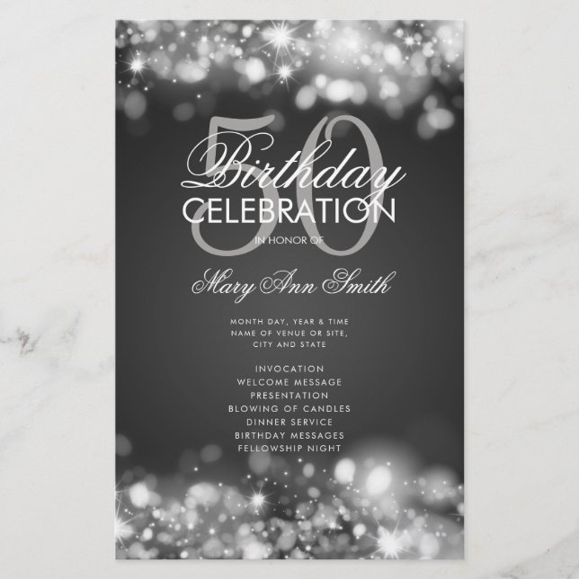 50th Birthday Program Glam Lights Menu Silver  (Front)