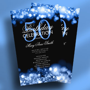 50th Birthday Program Glam Lights Navy Blue Menu