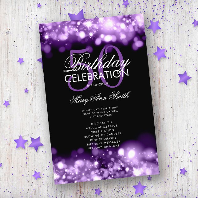 50th Birthday Program Glam Lights Purple Menu (Creator Uploaded)