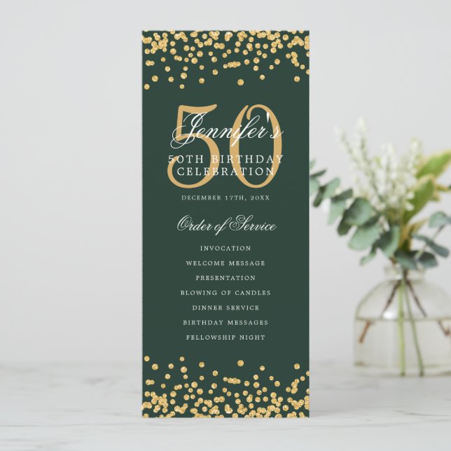 50th Birthday Program Gold Confetti Menu Green Invitation (Standing Front)
