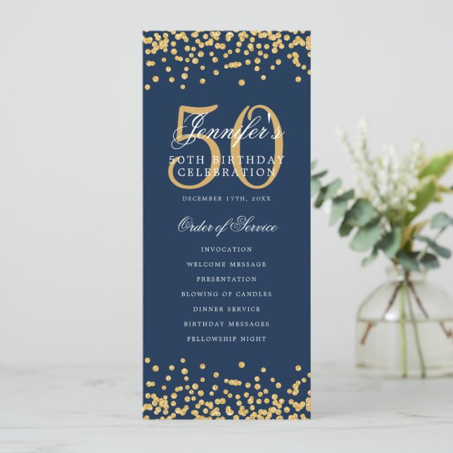 50th Birthday Program Gold Confetti Navy Blue Invitation (Standing Front)
