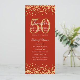 50th Birthday Program Gold Confetti Red Invitation