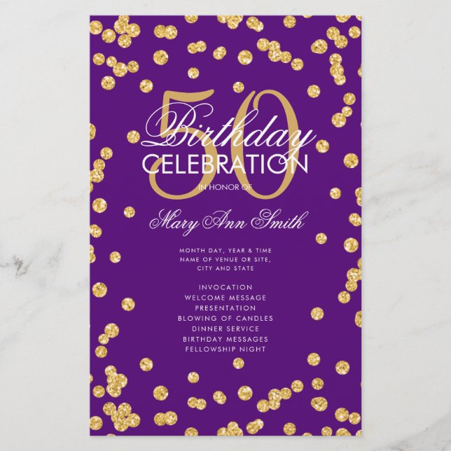 50th Birthday Program Gold Glitter w/ Menu Purple  (Front)
