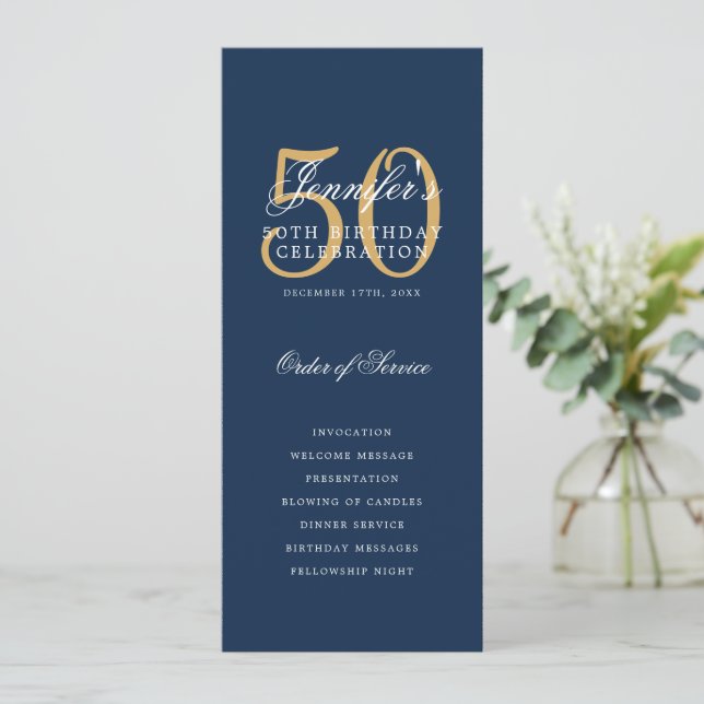 50th Birthday Program Gold Navy Blue Thank You Invitation (Standing Front)