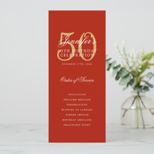 50th Birthday Program Gold Red Thank You Invitation (Standing Front)