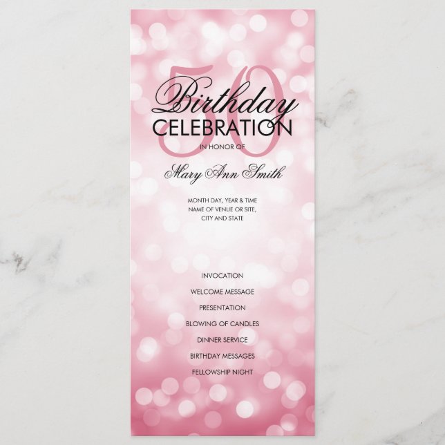 50th Birthday Program Lights Rose Gold Menu (Front)