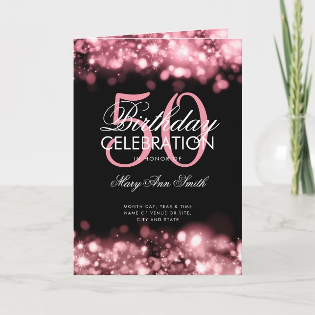 50th Birthday Program Menu Glam Lights Rose Gold  (Front)