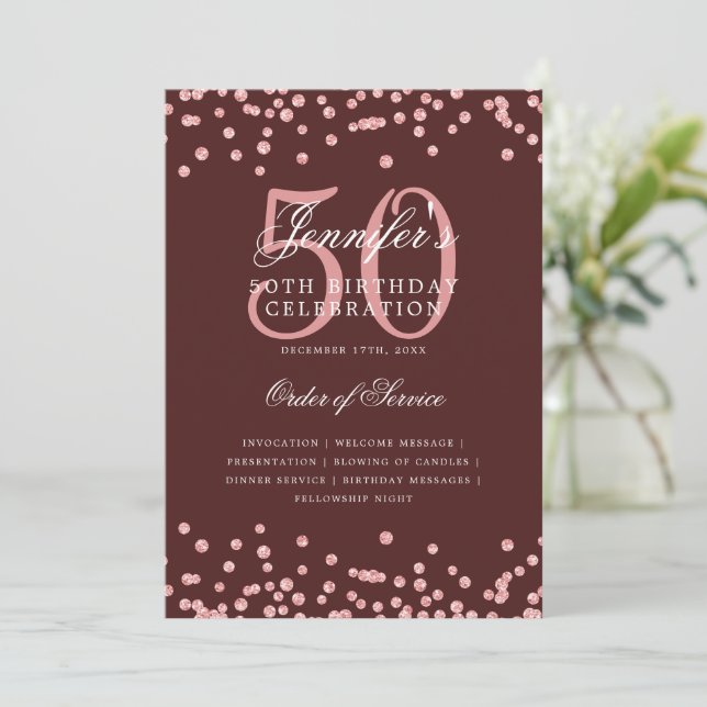 50th Birthday Program Menu Rose Gold Burgundy  Invitation (Standing Front)