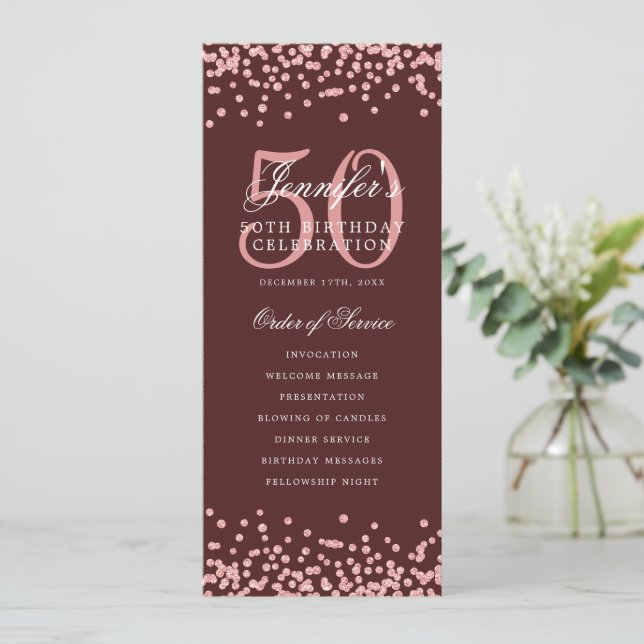 50th Birthday Program Menu Rose Gold Burgundy  Invitation (Standing Front)