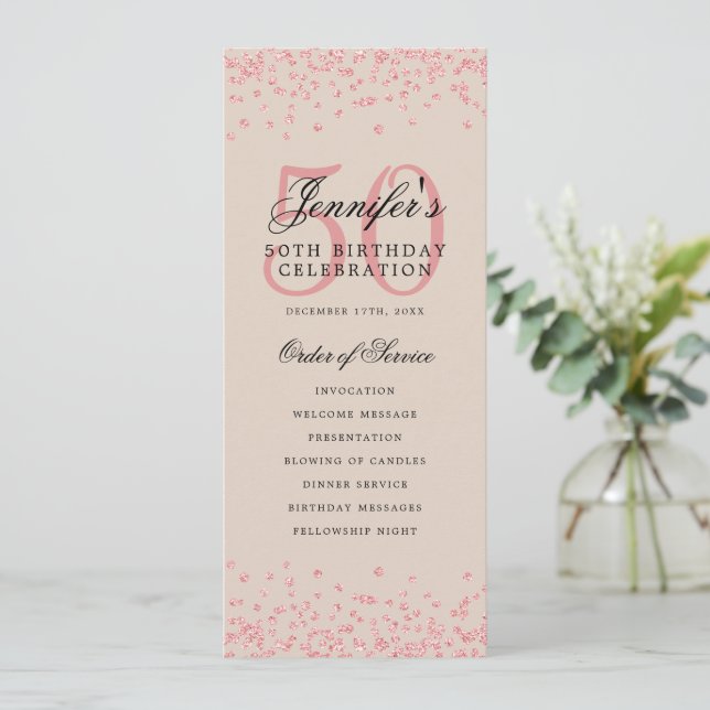 50th Birthday Program Menu Rose Gold Champagne  Invitation (Standing Front)