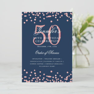 50th Birthday Program Menu Rose Gold Navy Blue  Invitation