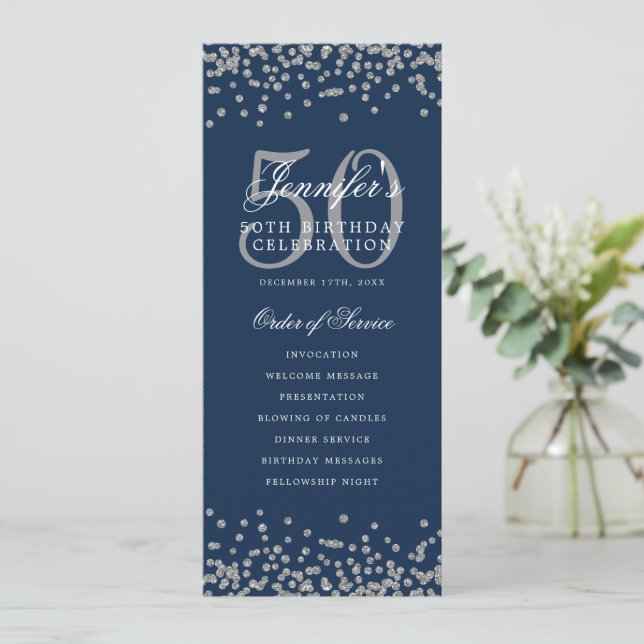 50th Birthday Program Menu Thank U Silver Navy Blu Invitation (Standing Front)