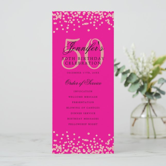 50th Birthday Program Rose Gold Confetti Hot Pink Invitation (Standing Front)