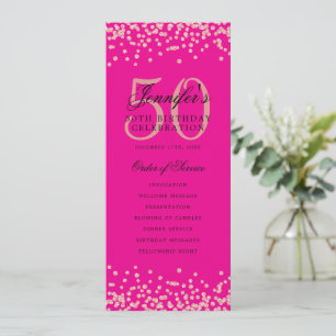 50th Birthday Program Rose Gold Confetti Hot Pink Invitation