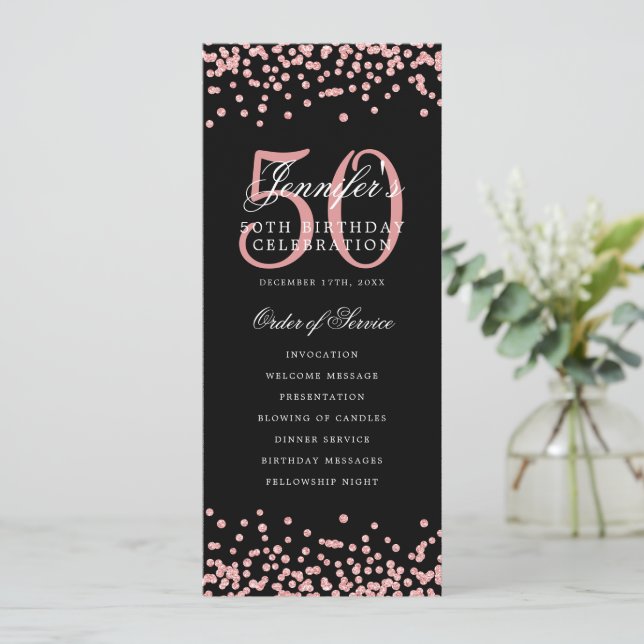50th Birthday Program Rose Gold Menu Black Invitation (Standing Front)