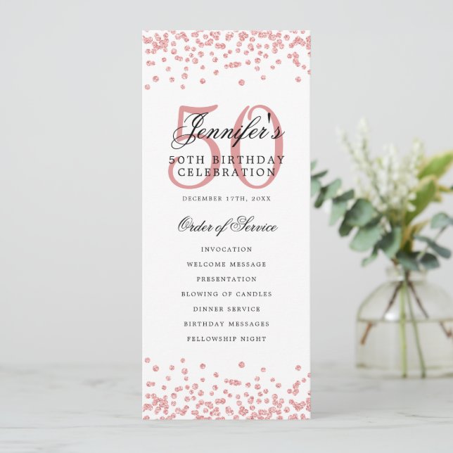 50th Birthday Program Rose Gold Menu  Invitation (Standing Front)