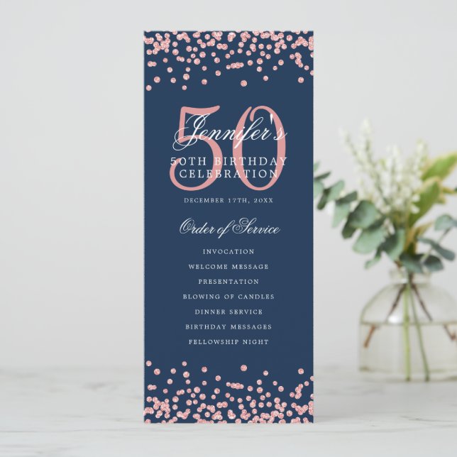 50th Birthday Program Rose Gold Menu Navy Blue  Invitation (Standing Front)