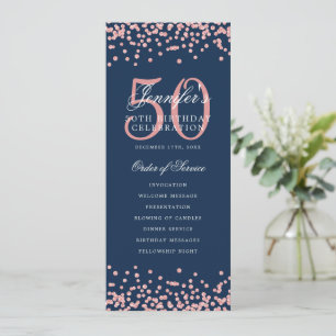 50th Birthday Program Rose Gold Navy Blue Confetti Invitation