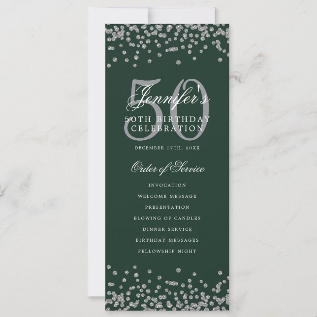 50th Birthday Program Silver Confetti Menu Green  Invitation (Front)