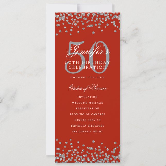 50th Birthday Program Silver Confetti Menu Red  Invitation (Front)