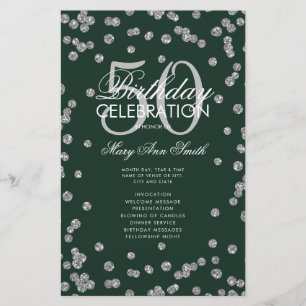 50th Birthday Program Silver Glitter Menu Emerald 