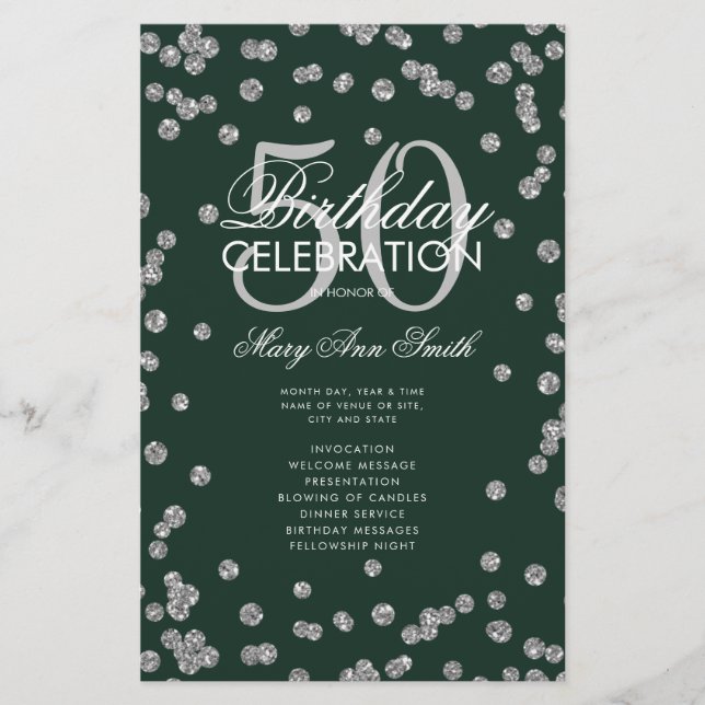 50th Birthday Program Silver Glitter Menu Emerald  (Front)