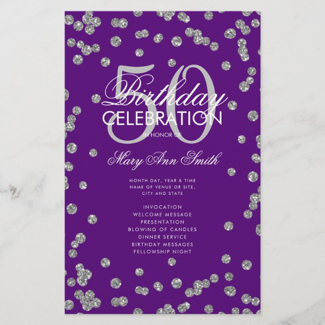 50th Birthday Program Silver Glitter Menu Purple  (Front)