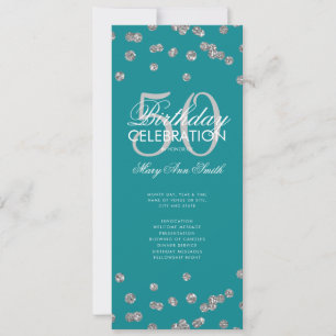 50th Birthday Program Silver Glitter w/ Menu Teal Invitation