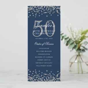 50th Birthday Program Silver Menu Navy Blue  Invitation
