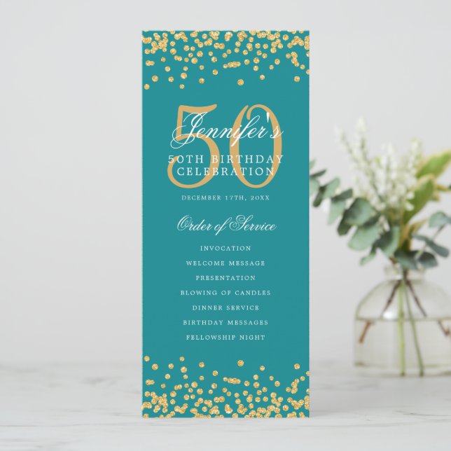 50th Birthday Program Thank U Gold Teal  Invitation (Standing Front)