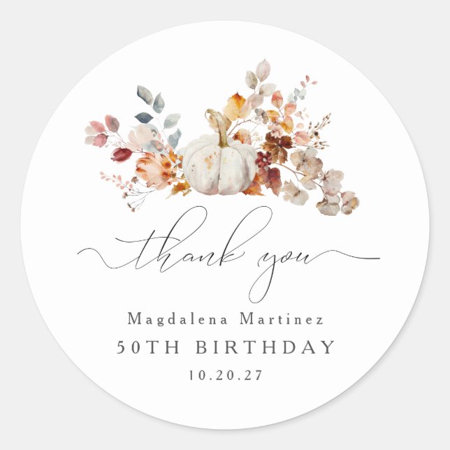 50th Birthday Pumpkin Fall Flower Thank You Classic Round Sticker (Front)