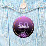 50th birthday purple and black gradient with gold 6 cm round badge<br><div class="desc">Glamourous button for a 50th birthday with elegant and modern black and pink, purple gradient, ombre backdrop. With a faux gold frame, and ultra violet and purple coloured watercolored flowers. Templates for name, age and date, white and purple coloured letters. Perfect as a keepsake or as a save the date...</div>
